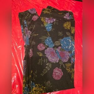 LuLaRoe Black Leggings with Blue and Purple Floral Design